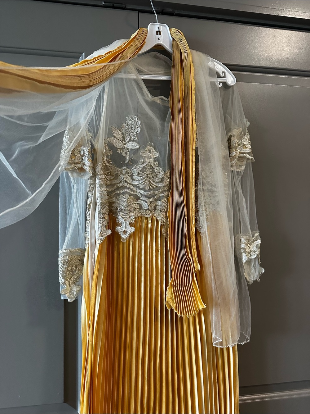 Gold Pleated Evening Dress with Sheer Embroidered Bodice